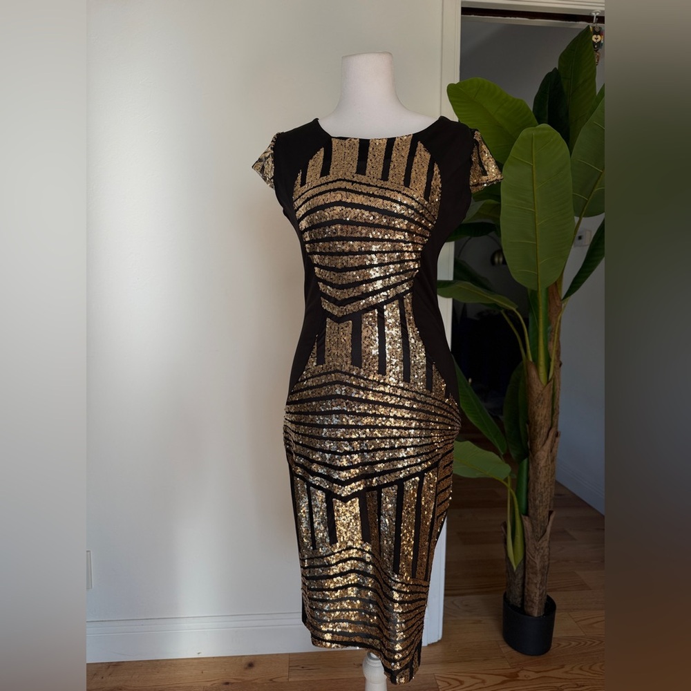Black and Gold Sequin Midi Dress